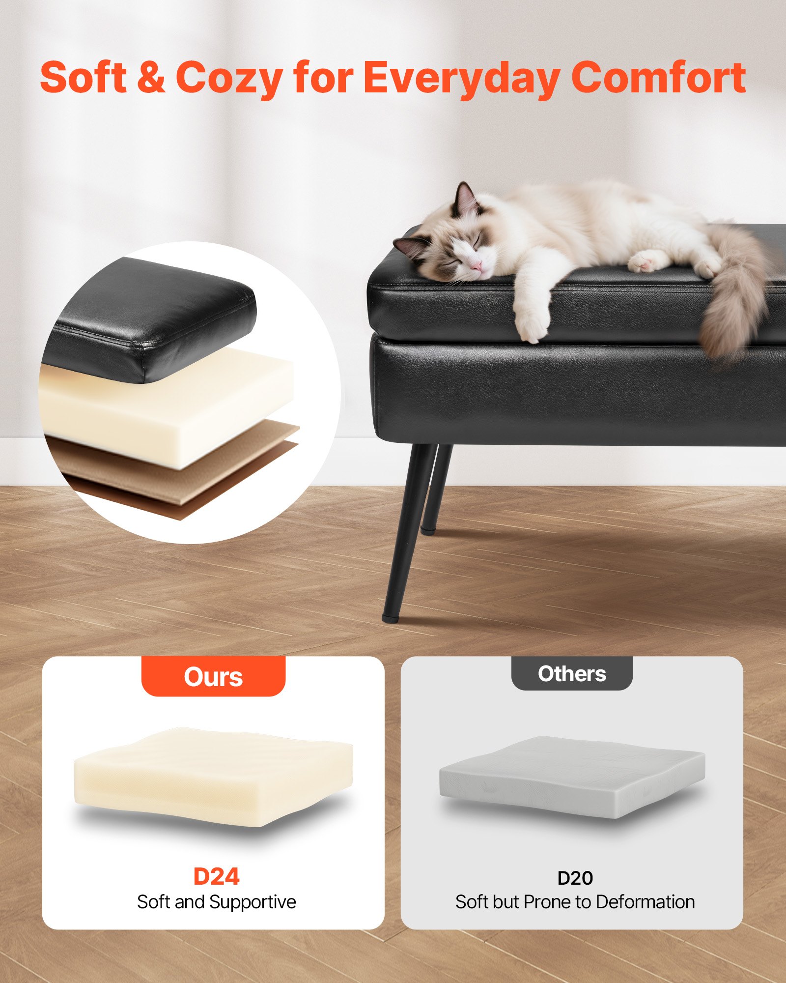 VEVOR PU Leather Storage Ottoman Bench Shoe Seat with Storage & Metal Legs 1200 x 400 x 450 mm Black