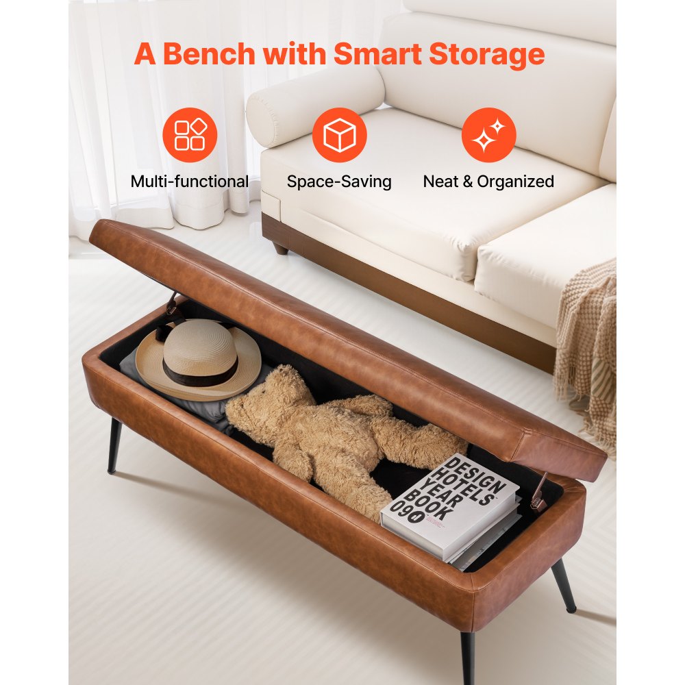 VEVOR PU Leather Storage Ottoman Bench Shoe Seat with Storage & Metal Legs 1200 x 400 x 450 mm Brown