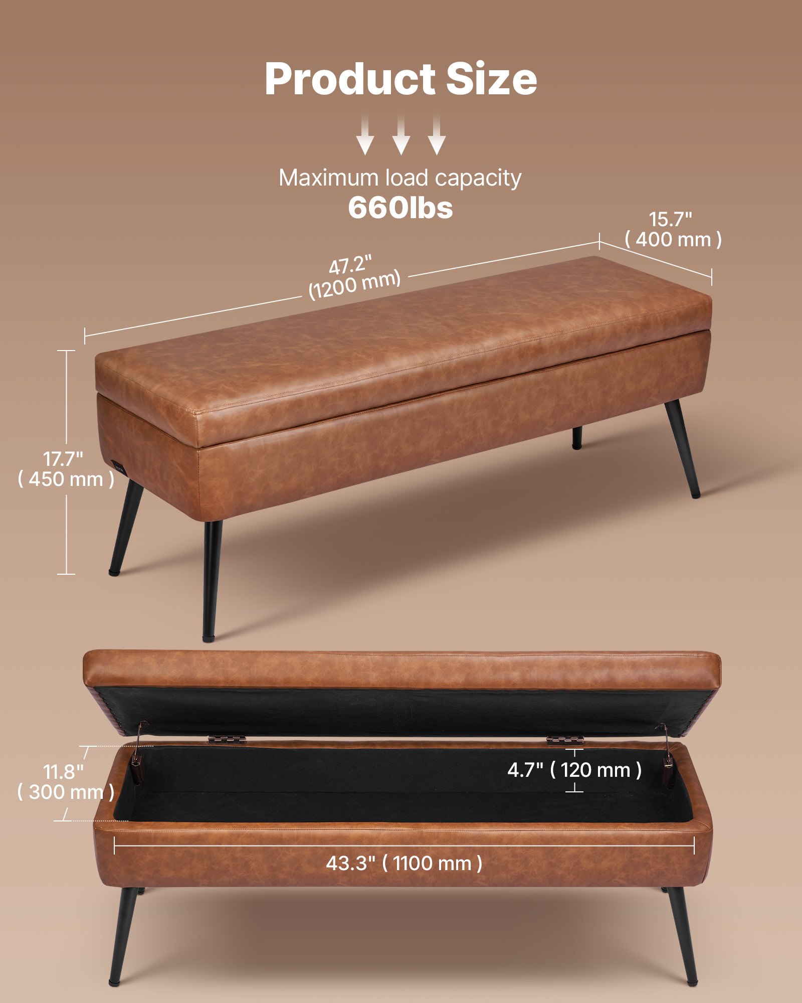 VEVOR PU Leather Storage Ottoman Bench Shoe Seat with Storage & Metal Legs 1200 x 400 x 450 mm Brown