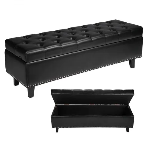 VEVOR Button-Tufted Storage Ottoman Bench PU Leather Bench with Wood Legs 1305 x 415 x 440 mm Black