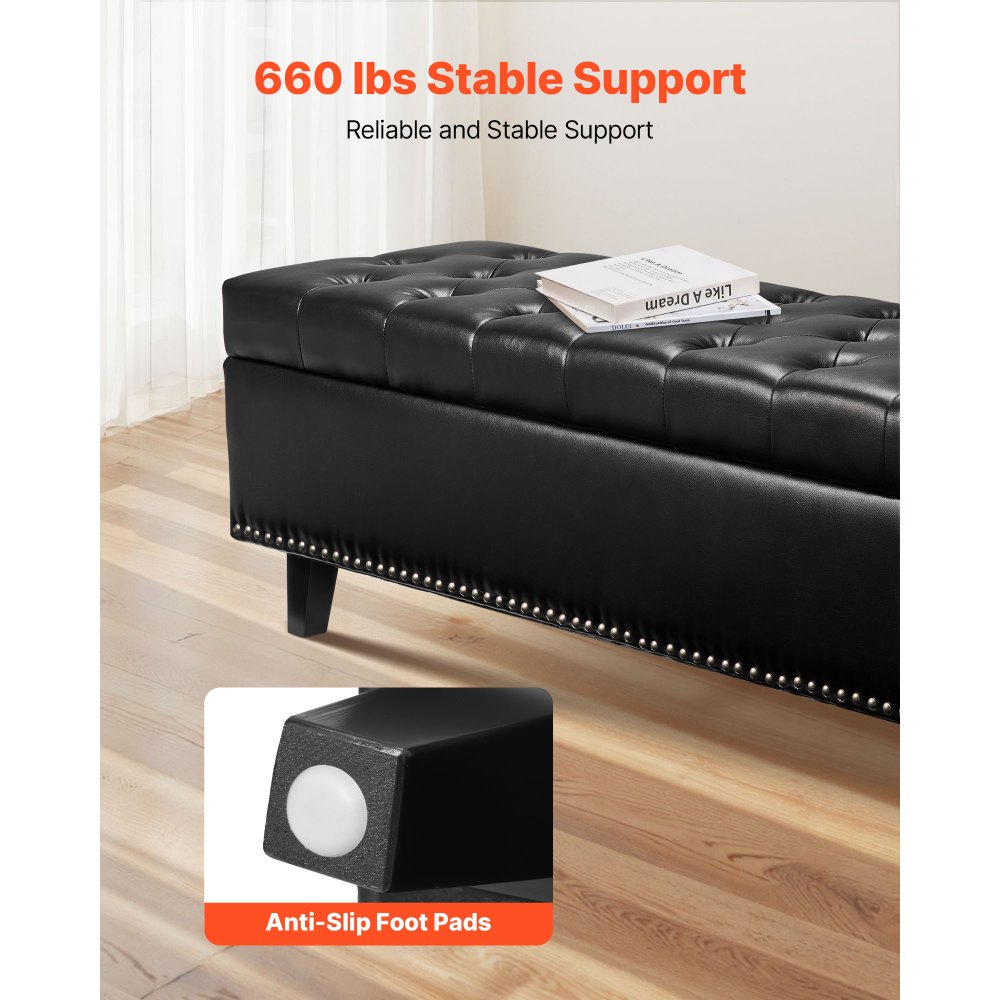VEVOR Button-Tufted Storage Ottoman Bench PU Leather Bench with Wood Legs 1305 x 415 x 440 mm Black