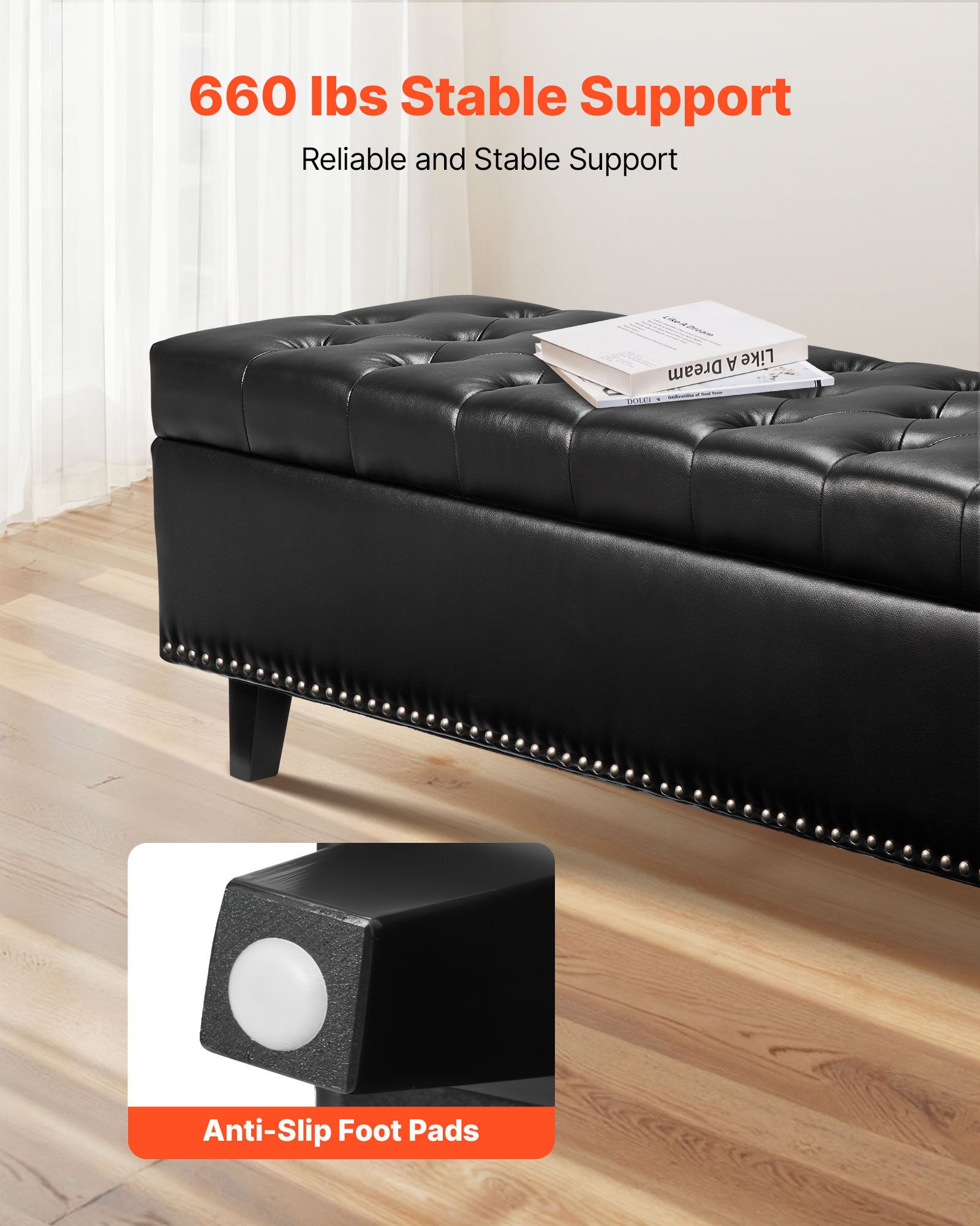 VEVOR Button-Tufted Storage Ottoman Bench PU Leather Bench with Wood Legs 1305 x 415 x 440 mm Black