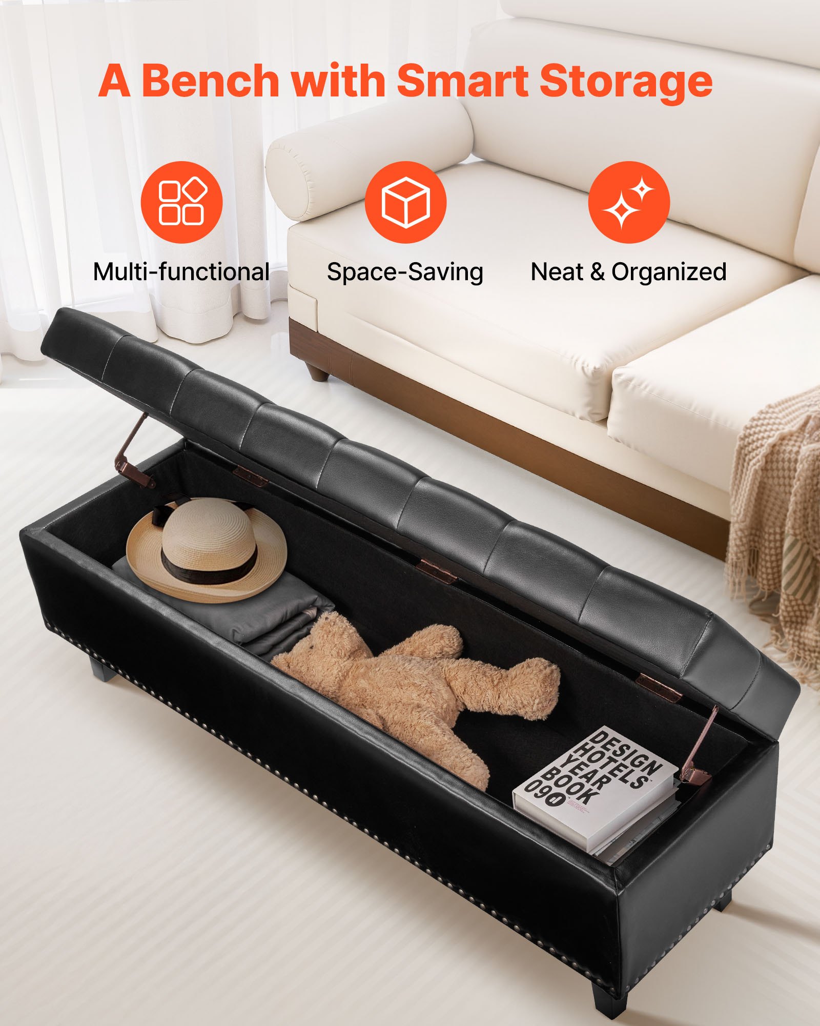 VEVOR Button-Tufted Storage Ottoman Bench PU Leather Bench with Wood Legs 1305 x 415 x 440 mm Black