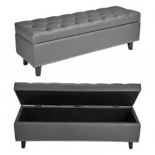 Button-Tufted Storage Ottoman Bench PU Leather Bench with Wood Legs Gray