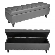 Button-Tufted Storage Ottoman Bench PU Leather Bench with Wood Legs Gray