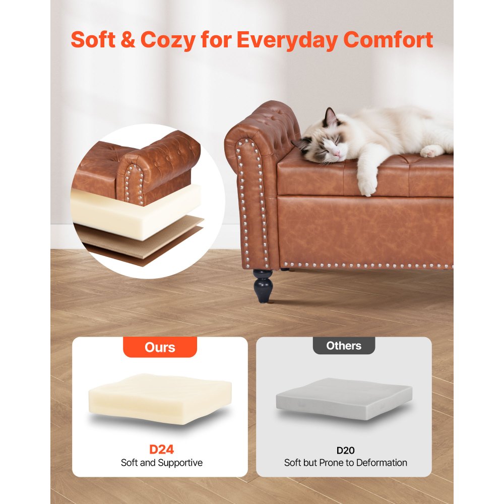 VEVOR Button-Tufted Storage Ottoman Bench Rolled Arm PU Leather Wood Legs 1660 x 560 x 460 mm Brown