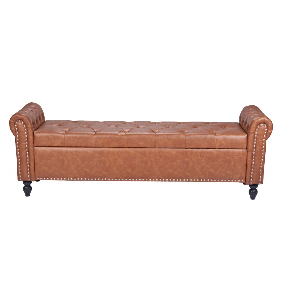 VEVOR Button-Tufted Storage Ottoman Bench Rolled Arm PU Leather Wood Legs 1660 x 560 x 460 mm Brown