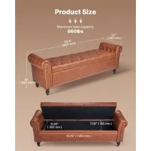 Button-Tufted Storage Ottoman Bench Rolled Arm PU Leather Wood Legs Brown