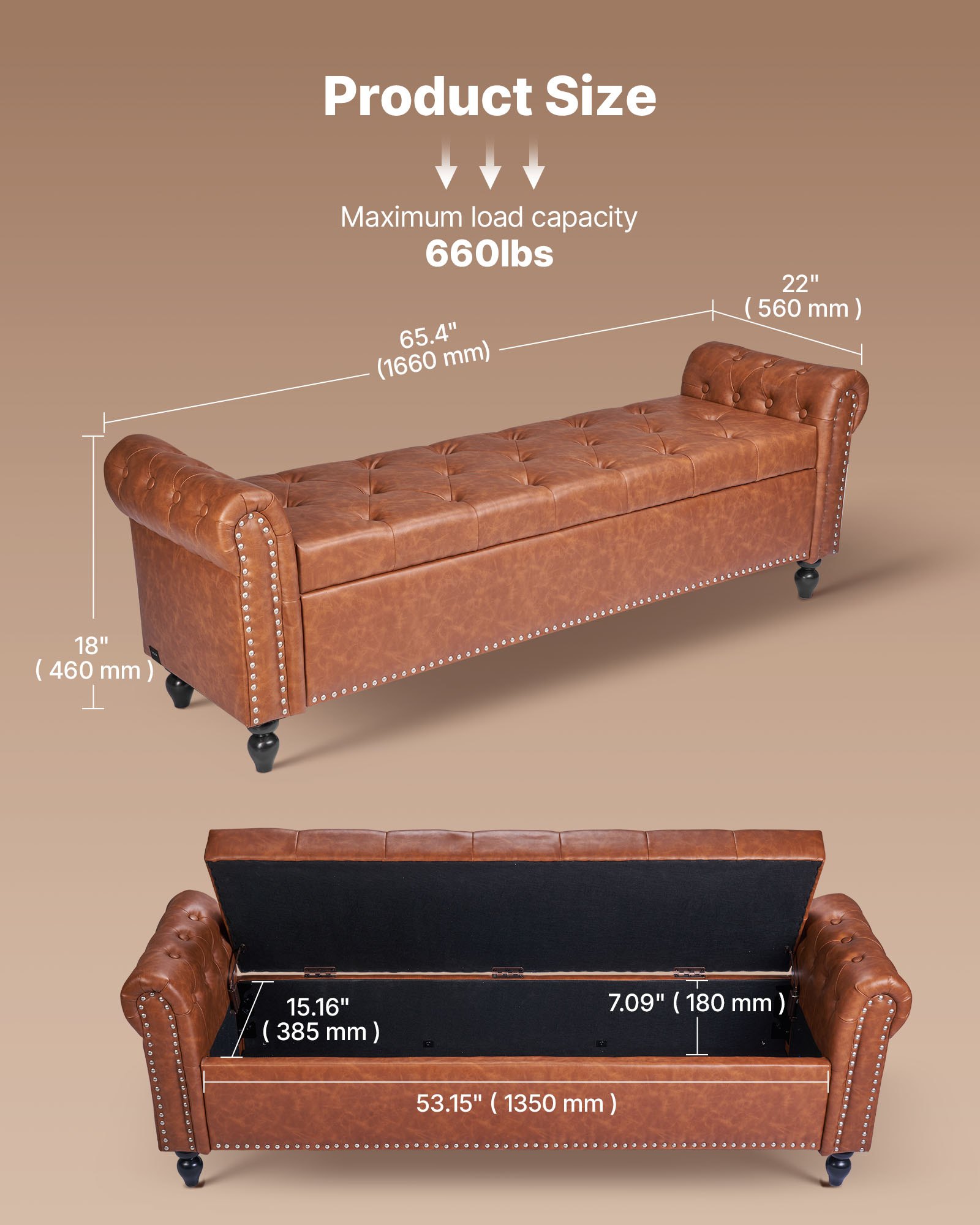 VEVOR Button-Tufted Storage Ottoman Bench Rolled Arm PU Leather Wood Legs 1660 x 560 x 460 mm Brown