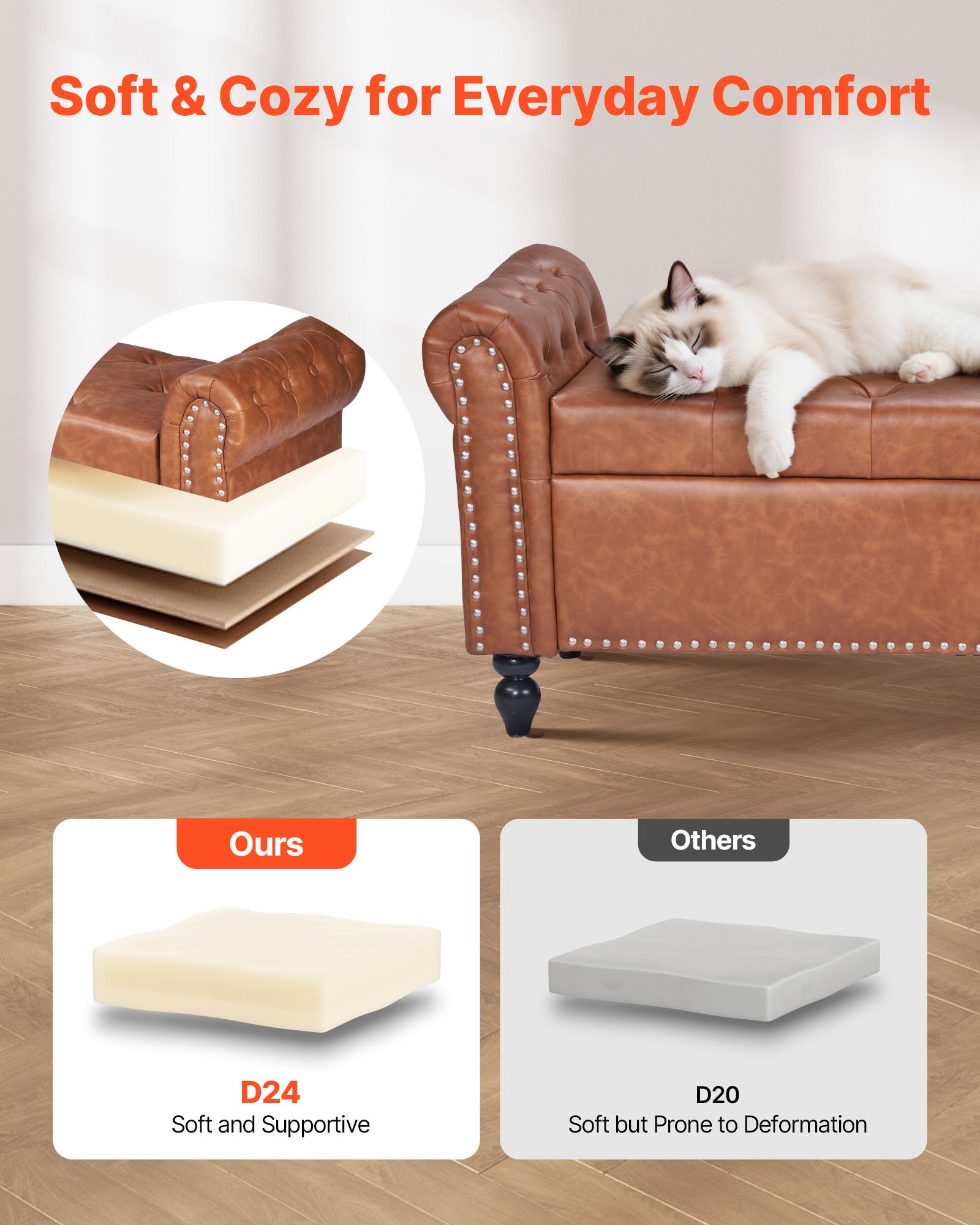 VEVOR Button-Tufted Storage Ottoman Bench Rolled Arm PU Leather Wood Legs 1660 x 560 x 460 mm Brown