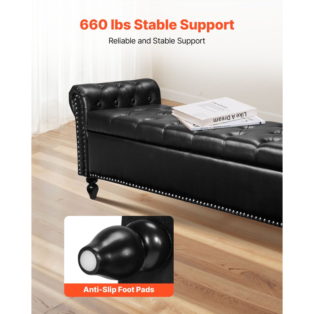 VEVOR Button-Tufted Storage Ottoman Bench Rolled Arm PU Leather Wood Legs 1660 x 460 x 560 mm Black