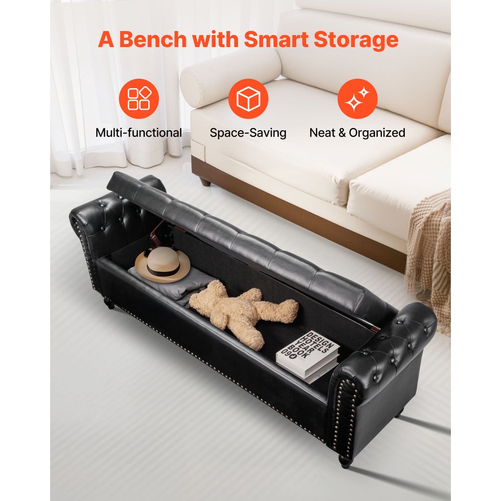 VEVOR Button-Tufted Storage Ottoman Bench Rolled Arm PU Leather Wood Legs 1660 x 460 x 560 mm Black