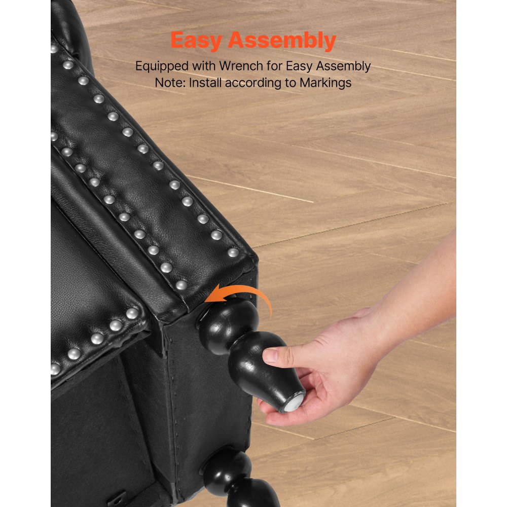 VEVOR Button-Tufted Storage Ottoman Bench Rolled Arm PU Leather Wood Legs 1660 x 460 x 560 mm Black