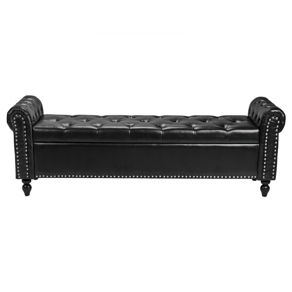 VEVOR Button-Tufted Storage Ottoman Bench Rolled Arm PU Leather Wood Legs 1660 x 460 x 560 mm Black