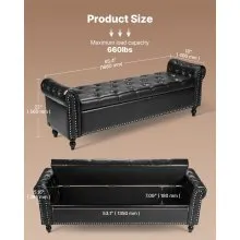 Button-Tufted Storage Ottoman Bench Rolled Arm PU Leather Wood Legs Black