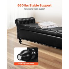 Button-Tufted Storage Ottoman Bench Rolled Arm PU Leather Wood Legs Black