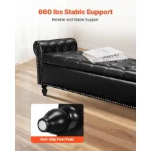 Button-Tufted Storage Ottoman Bench Rolled Arm PU Leather Wood Legs Black