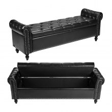 Button-Tufted Storage Ottoman Bench Rolled Arm PU Leather Wood Legs Black
