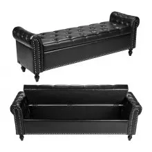 Button-Tufted Storage Ottoman Bench Rolled Arm PU Leather Wood Legs Black