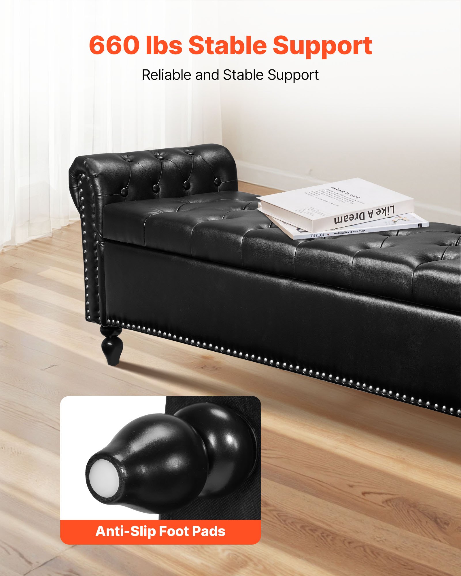 VEVOR Button-Tufted Storage Ottoman Bench Rolled Arm PU Leather Wood Legs 1660 x 460 x 560 mm Black