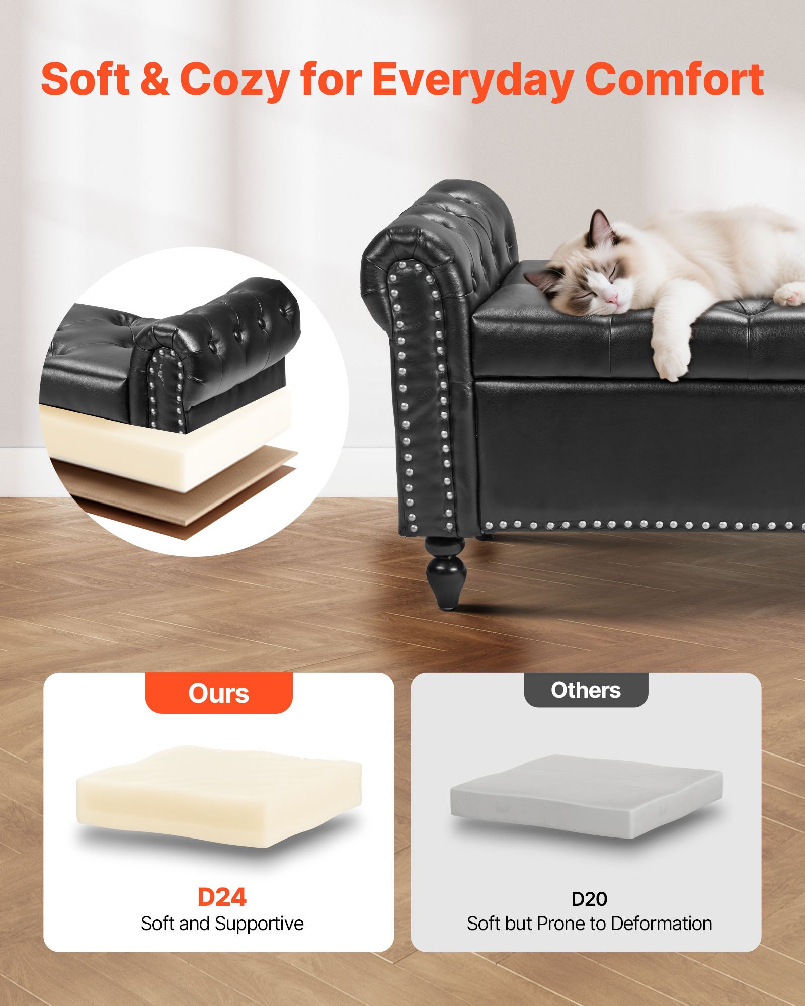 VEVOR Button-Tufted Storage Ottoman Bench Rolled Arm PU Leather Wood Legs 1660 x 460 x 560 mm Black