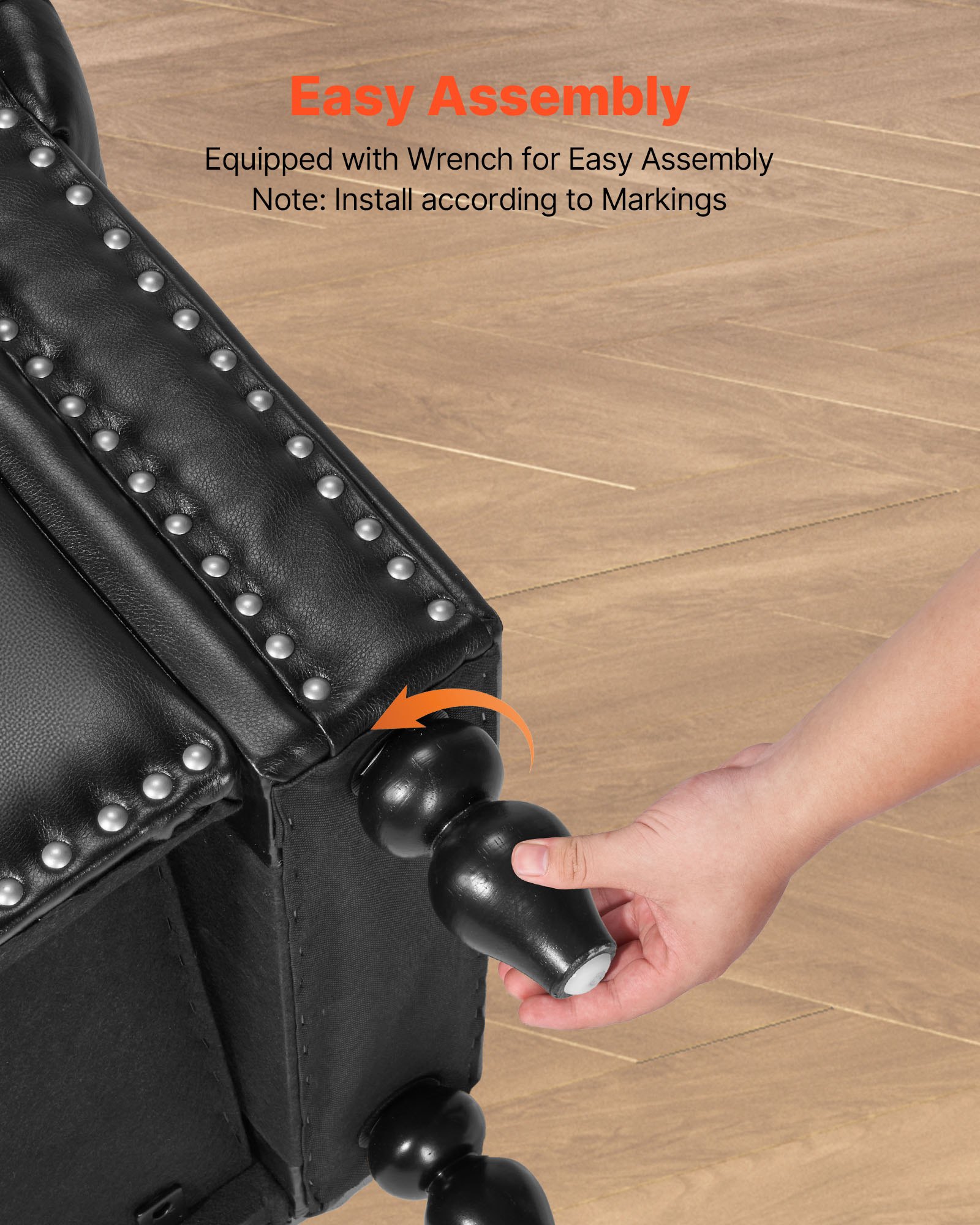 VEVOR Button-Tufted Storage Ottoman Bench Rolled Arm PU Leather Wood Legs 1660 x 460 x 560 mm Black