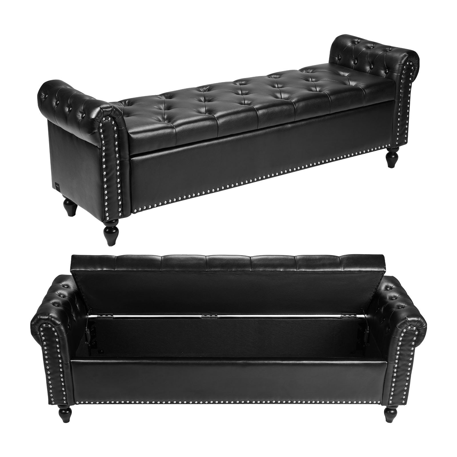 VEVOR Button-Tufted Storage Ottoman Bench Rolled Arm PU Leather Wood Legs 1660 x 460 x 560 mm Black