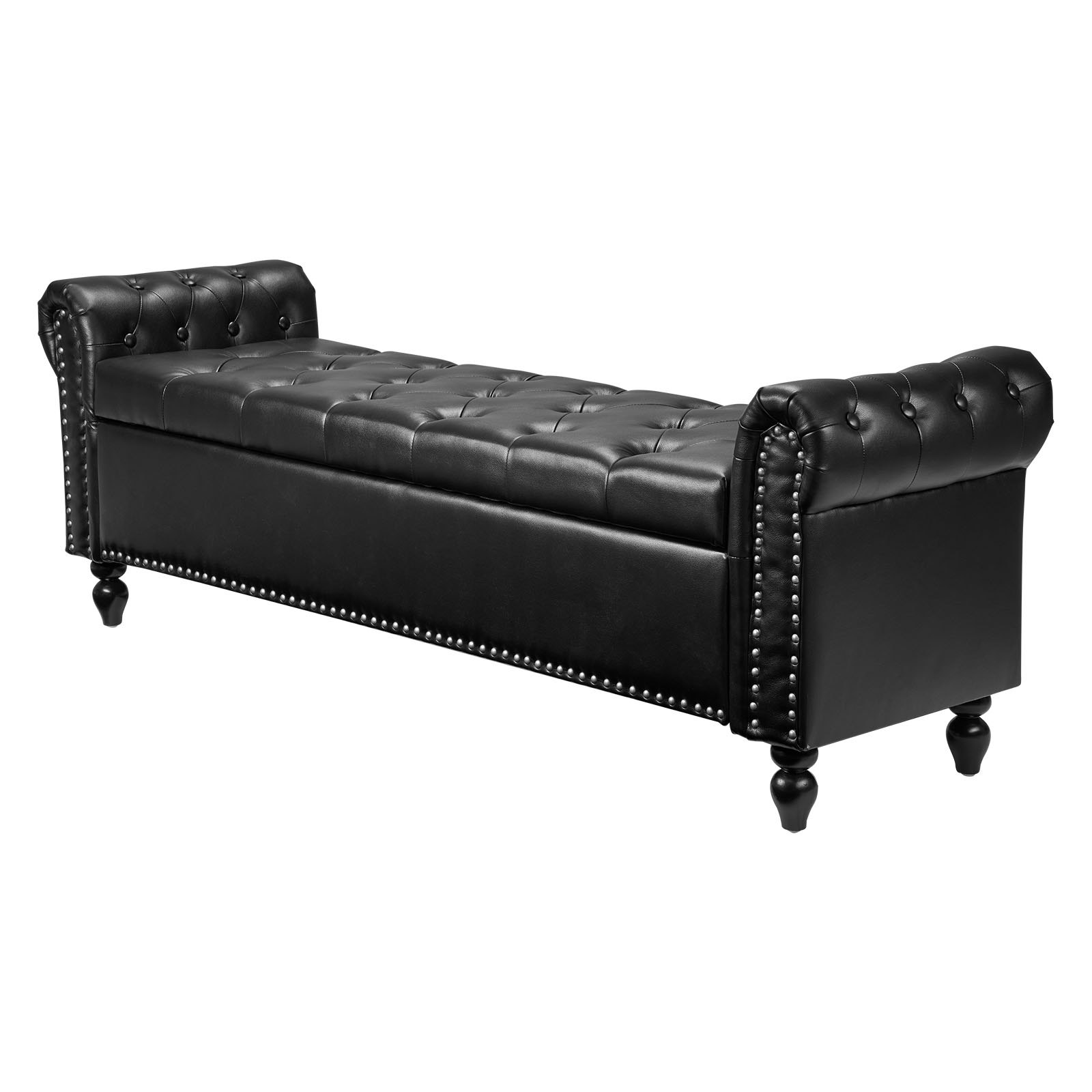 VEVOR Button-Tufted Storage Ottoman Bench Rolled Arm PU Leather Wood Legs 1660 x 460 x 560 mm Black