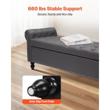 Button-Tufted Storage Ottoman Bench Rolled Arm PU Leather Wood Legs Gray