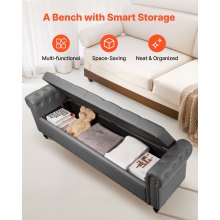 Button-Tufted Storage Ottoman Bench Rolled Arm PU Leather Wood Legs Gray