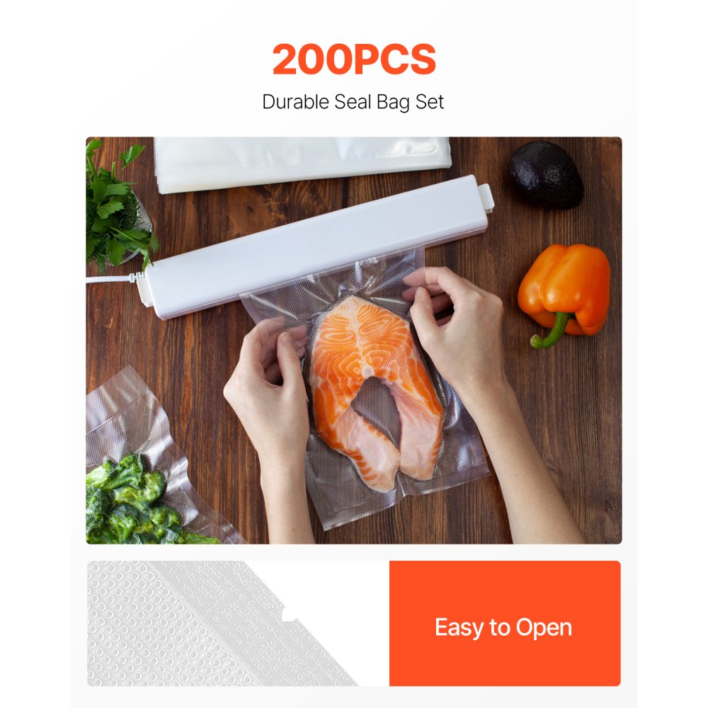 VEVOR Vacuum Sealer Bags, 200 PCS 8 x 12 Inch Durable Seal Bags, Non-BPA Food Grade Seal A Meal Freezer Bags, Vac Sealing Bag for Food Saver, Ideal Food Storage Vacuum Bags for Meal Prep or Sous Vide