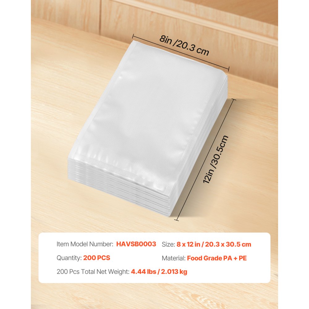 VEVOR Vacuum Sealer Bags, 200 PCS 8 x 12 Inch Durable Seal Bags, Non-BPA Food Grade Seal A Meal Freezer Bags, Vac Sealing Bag for Food Saver, Ideal Food Storage Vacuum Bags for Meal Prep or Sous Vide