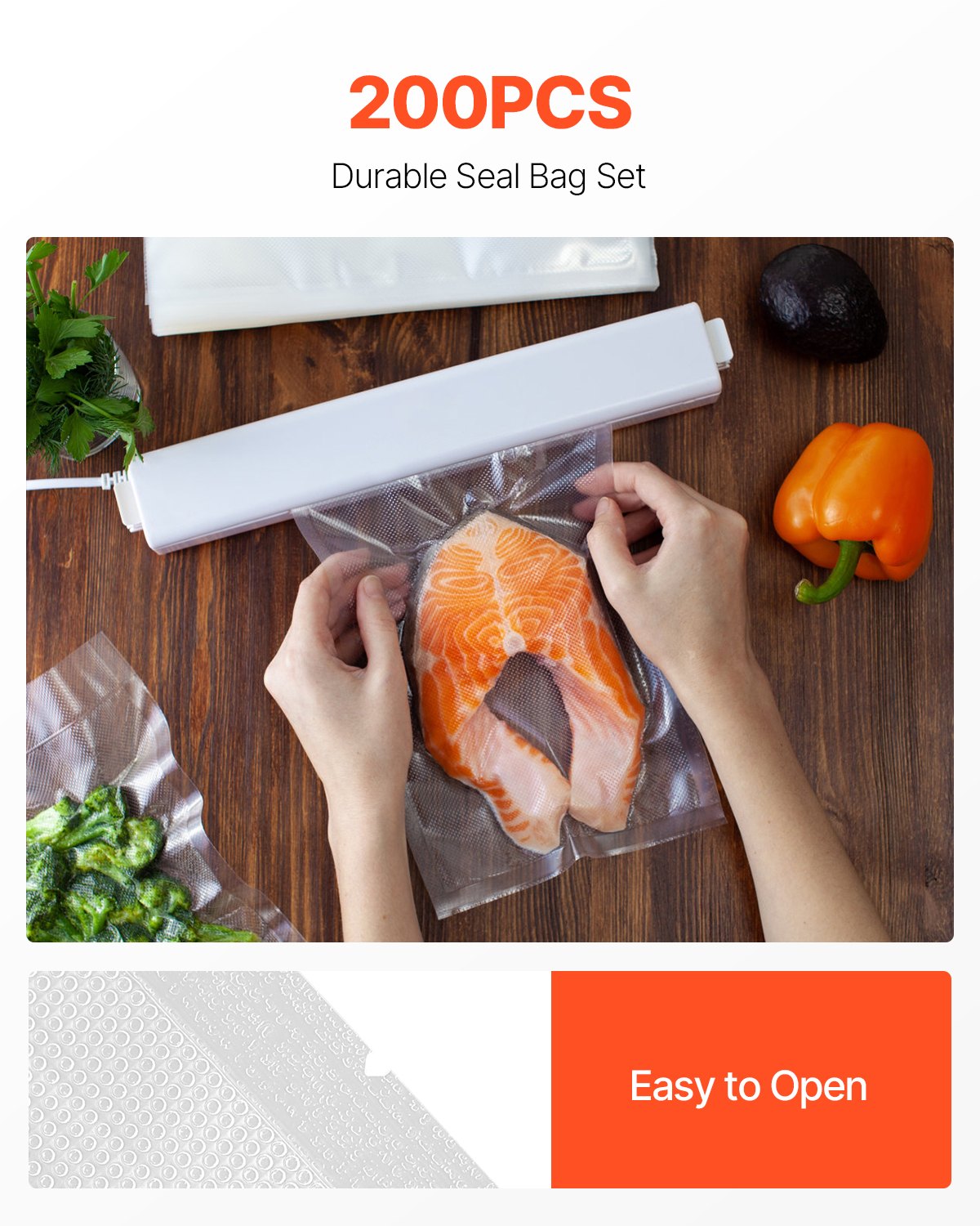 VEVOR Vacuum Sealer Bags, 200 PCS 8 x 12 Inch Durable Seal Bags, Non-BPA Food Grade Seal A Meal Freezer Bags, Vac Sealing Bag for Food Saver, Ideal Food Storage Vacuum Bags for Meal Prep or Sous Vide