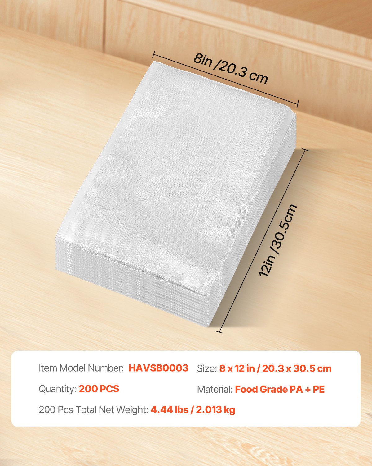VEVOR Vacuum Sealer Bags, 200 PCS 8 x 12 Inch Durable Seal Bags, Non-BPA Food Grade Seal A Meal Freezer Bags, Vac Sealing Bag for Food Saver, Ideal Food Storage Vacuum Bags for Meal Prep or Sous Vide
