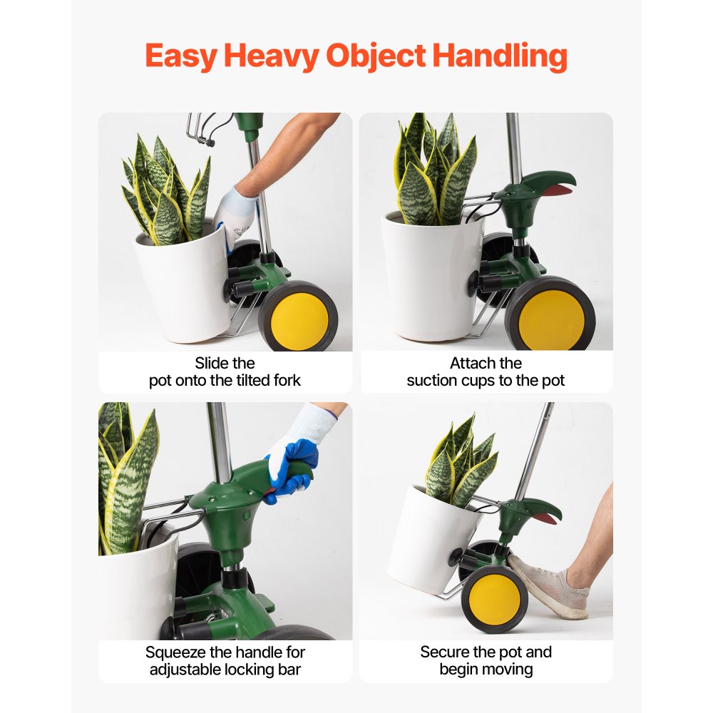 VEVOR Garden Pot Mover, Heavy Duty Plant Dolly Cart with Adjustable Grabbing Arm, Max 65 kg Weight Capacity, Potted Plant Mover Dolly with Suction Cup and Secure Lock, Fits for Indoor & Outdoor Use