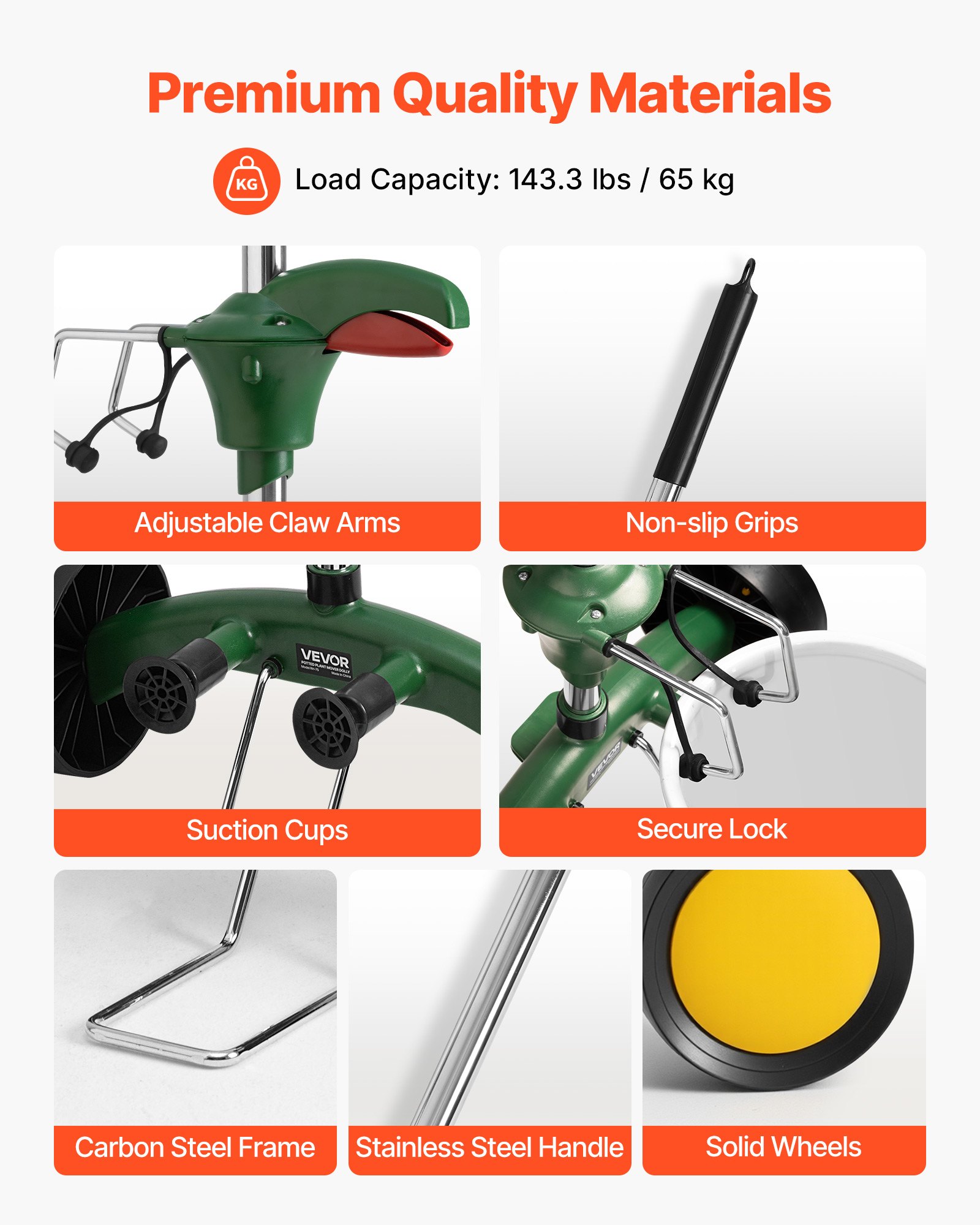 VEVOR Garden Pot Mover, Heavy Duty Plant Dolly Cart with Adjustable Grabbing Arm, Max 65 kg Weight Capacity, Potted Plant Mover Dolly with Suction Cup and Secure Lock, Fits for Indoor & Outdoor Use