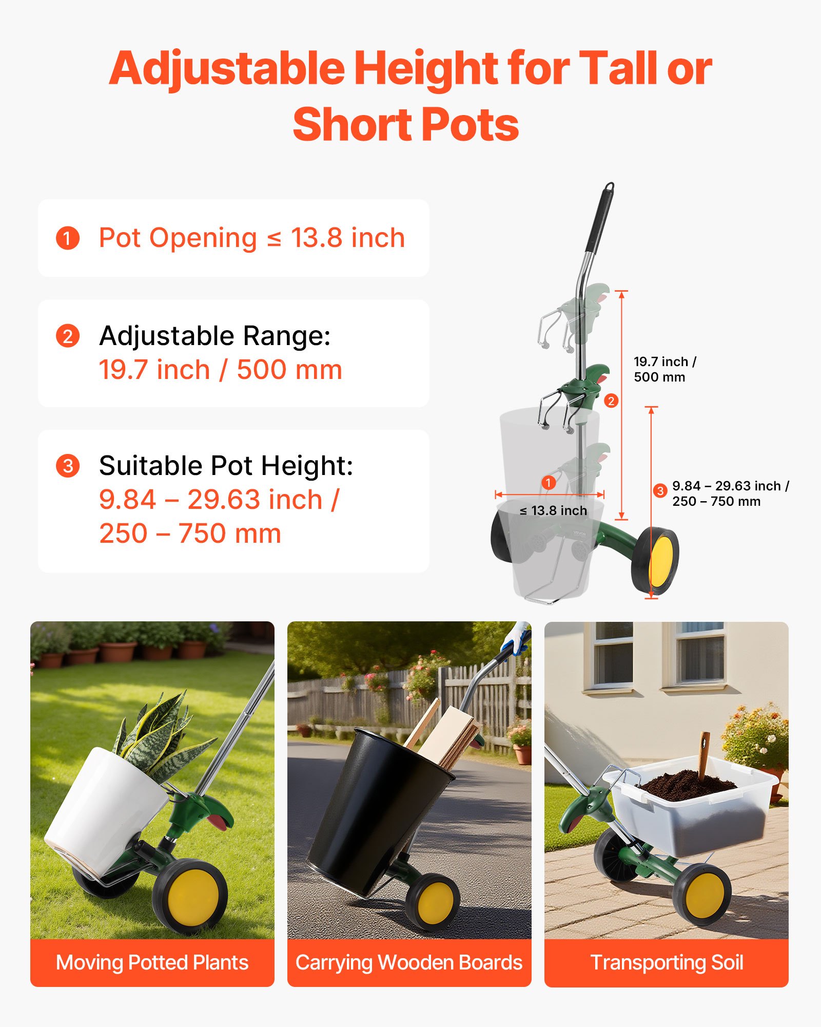 VEVOR Garden Pot Mover, Heavy Duty Plant Dolly Cart with Adjustable Grabbing Arm, Max 65 kg Weight Capacity, Potted Plant Mover Dolly with Suction Cup and Secure Lock, Fits for Indoor & Outdoor Use