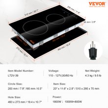 VEVOR Built in Electric Stove Top, 20 x 11.6 inch 2 Burners, 110V Glass Radiant Cooktop with Sensor Touch Control, Timer & Child Lock Included, 9 Power Levels for Simmer Steam Slow Cook Fry