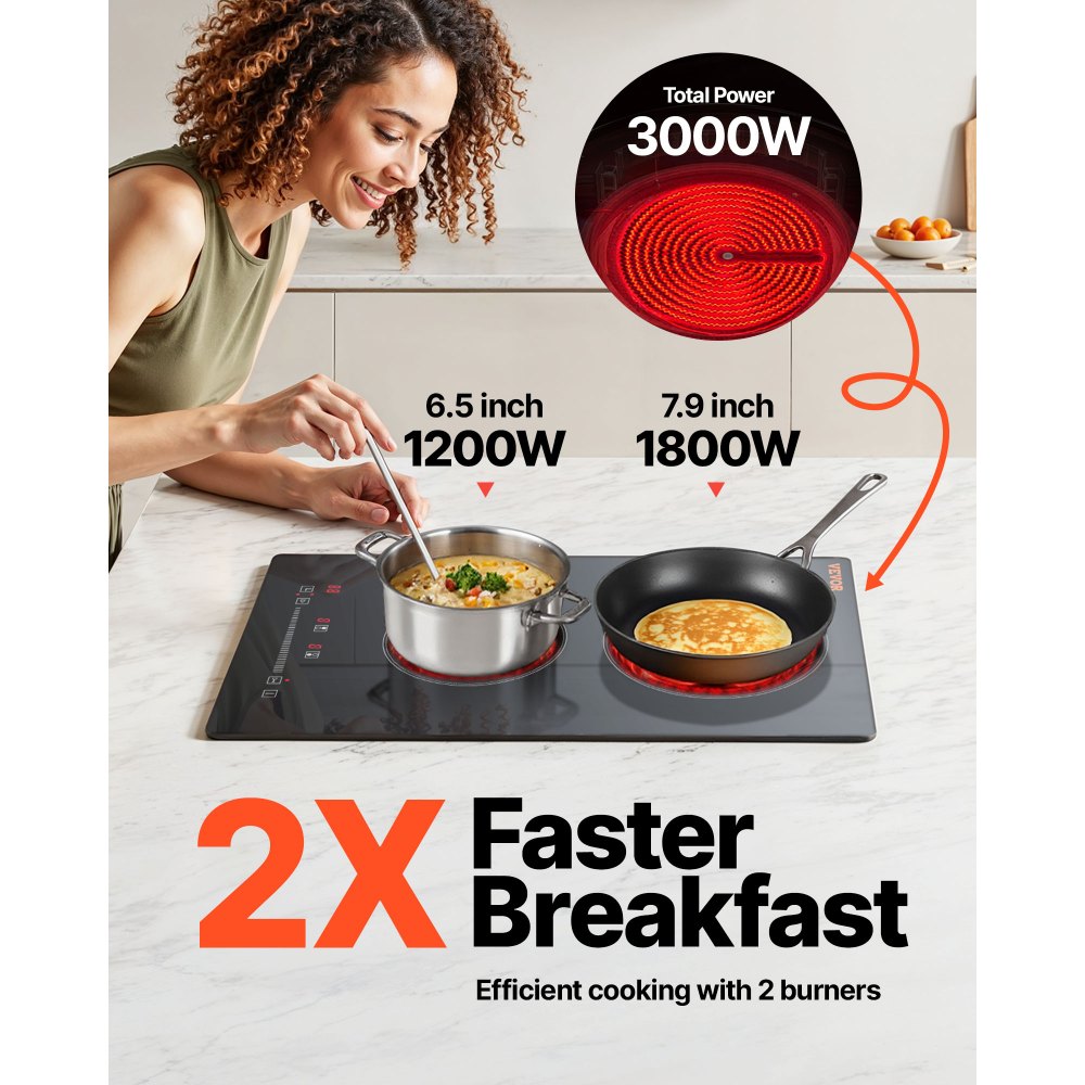 VEVOR Electric Cooktop, 12 inch 2 Burners Built-in Electric Stove Top, 3000W Ceramic Radiant Cooktop with Glass Panel, Touch Control, Timer, Child Lock, 9 Heat Level, Residual Heat Indicator, 220-240V