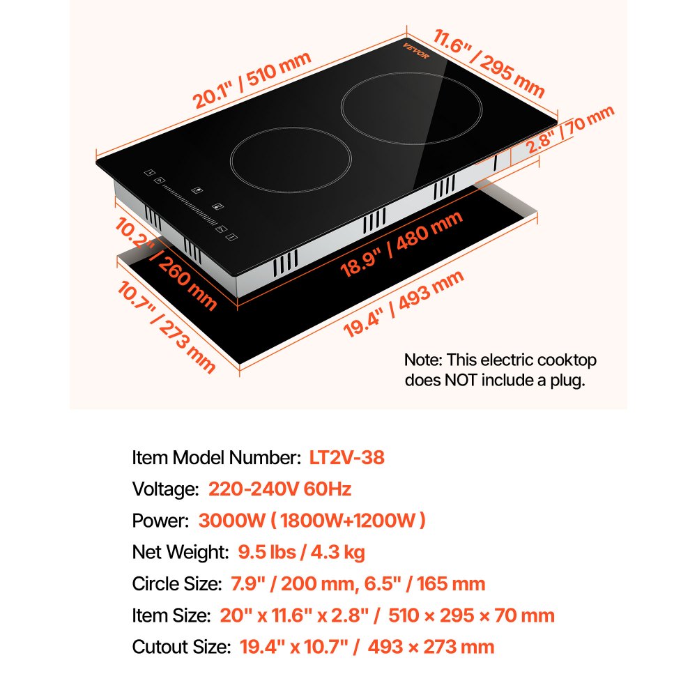 VEVOR Electric Cooktop, 12 inch 2 Burners Built-in Electric Stove Top, 3000W Ceramic Radiant Cooktop with Glass Panel, Touch Control, Timer, Child Lock, 9 Heat Level, Residual Heat Indicator, 220-240V
