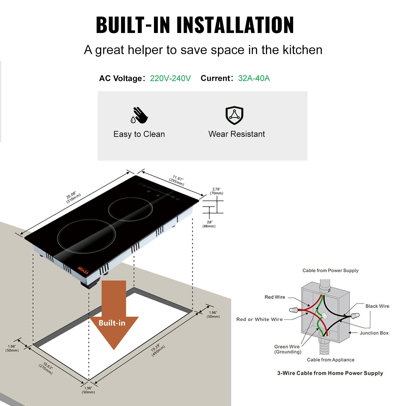 VEVOR Electric Cooktop, 12 inch 2 Burners Built-in Electric Stove Top, 3000W Ceramic Radiant Cooktop with Glass Panel, Touch Control, Timer, Child Lock, 9 Heat Level, Residual Heat Indicator, 220-240V