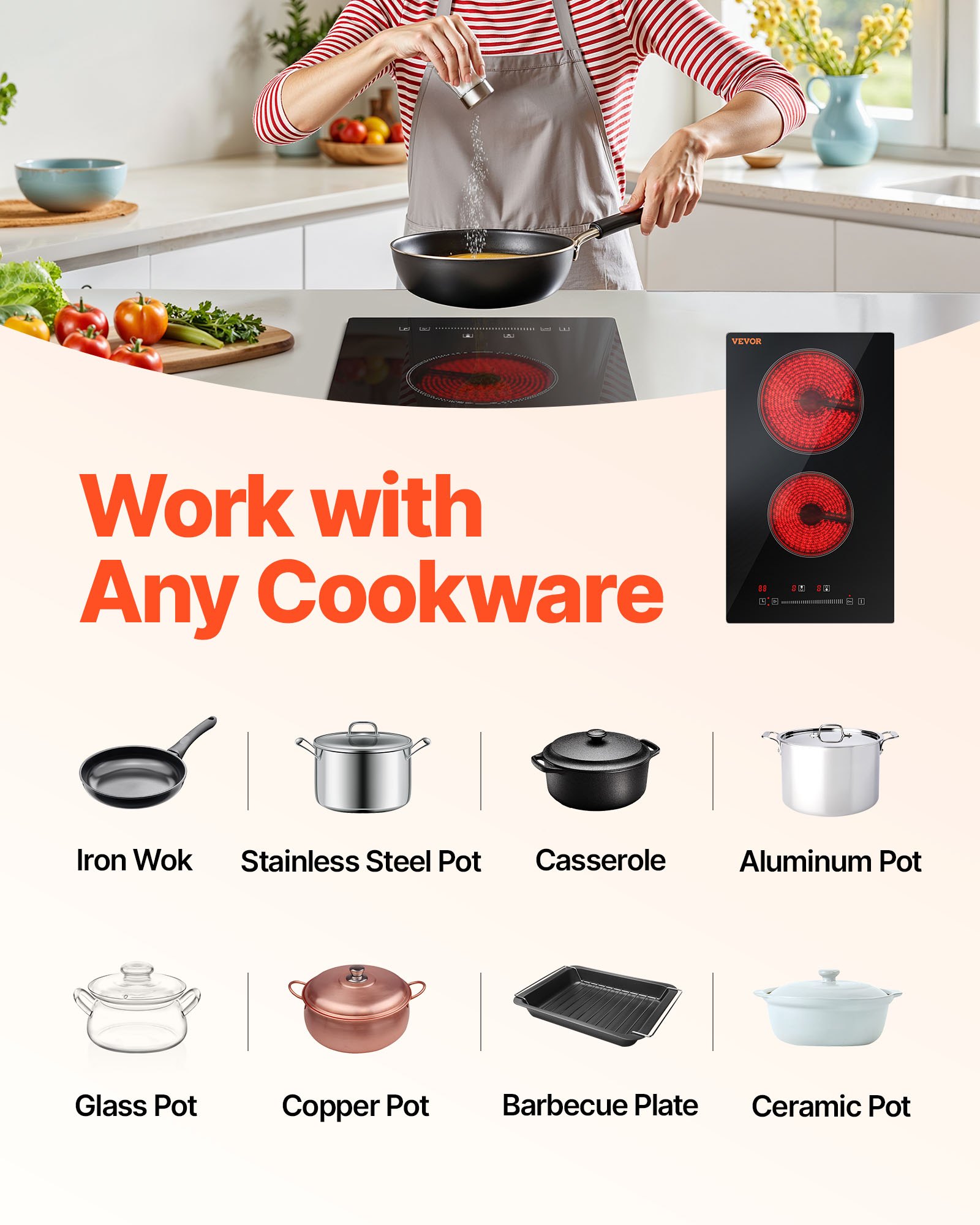 VEVOR Electric Cooktop, 12 inch 2 Burners Built-in Electric Stove Top, 3000W Ceramic Radiant Cooktop with Glass Panel, Touch Control, Timer, Child Lock, 9 Heat Level, Residual Heat Indicator, 220-240V