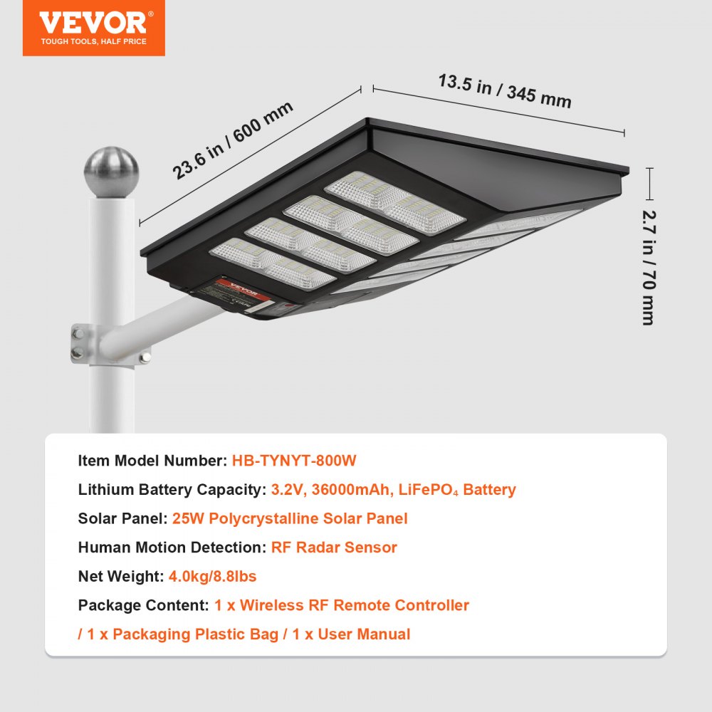 VEVOR 800W Solar Street Light, 1400LM, LED Solar Flood Lights Outdoor with RF Remote Control, IP66 Waterproof Security Solar Powered Motion Sensor Lamp for Garden Yard Home Path Garage Parking Lot