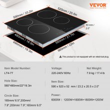 VEVOR Built in Electric Stove Top, 23.2 x 20.5 inch 4 Burners, 240V Glass Radiant Cooktop with Sensor Touch Control, Timer & Child Lock Included, 9 Power Levels for Simmer Steam Slow Cook Fry