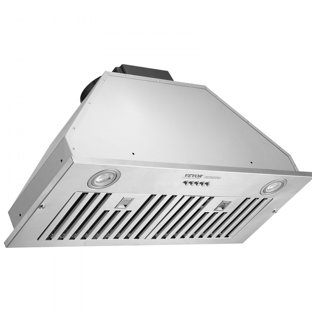 Campana extractora empotrable VEVOR, 800 CFM, 3 velocidades, 30 pulgadas, acero inoxidable, con control por botón, luces LED, filtros deflectores, convertible con o sin conducto, certificación ETL.