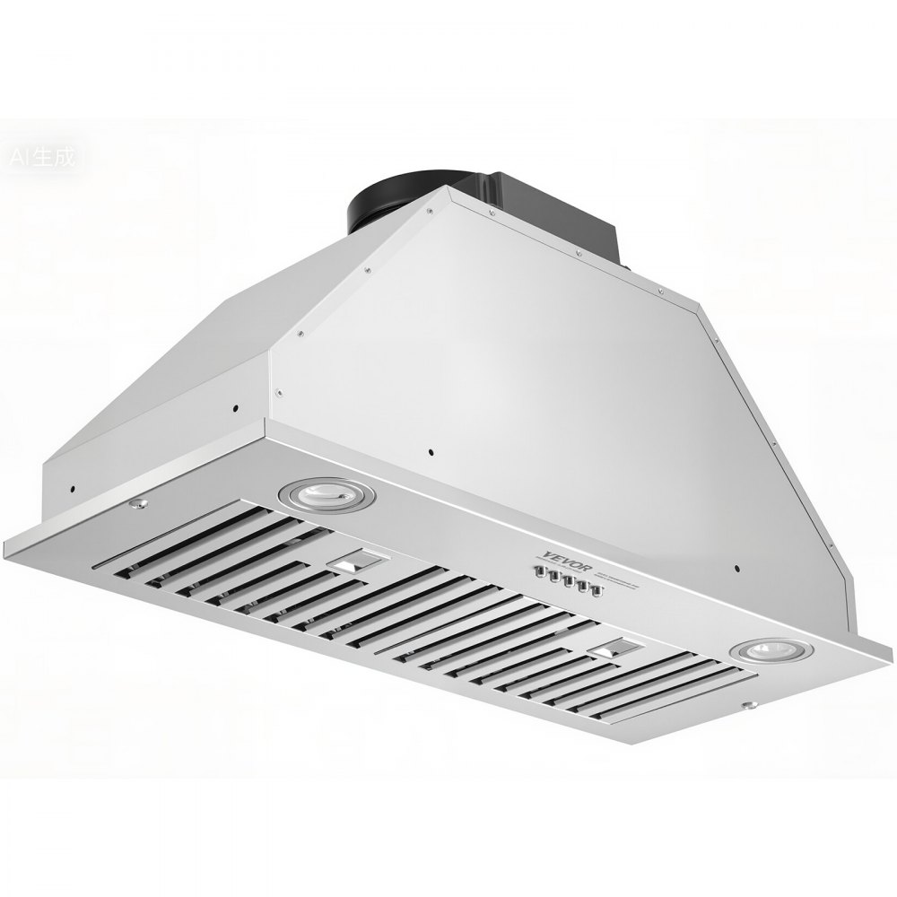 Campana extractora empotrable VEVOR, 800 CFM, 3 velocidades, 30 pulgadas, acero inoxidable, con control por botón, luces LED, filtros deflectores, convertible con o sin conducto, certificación ETL.