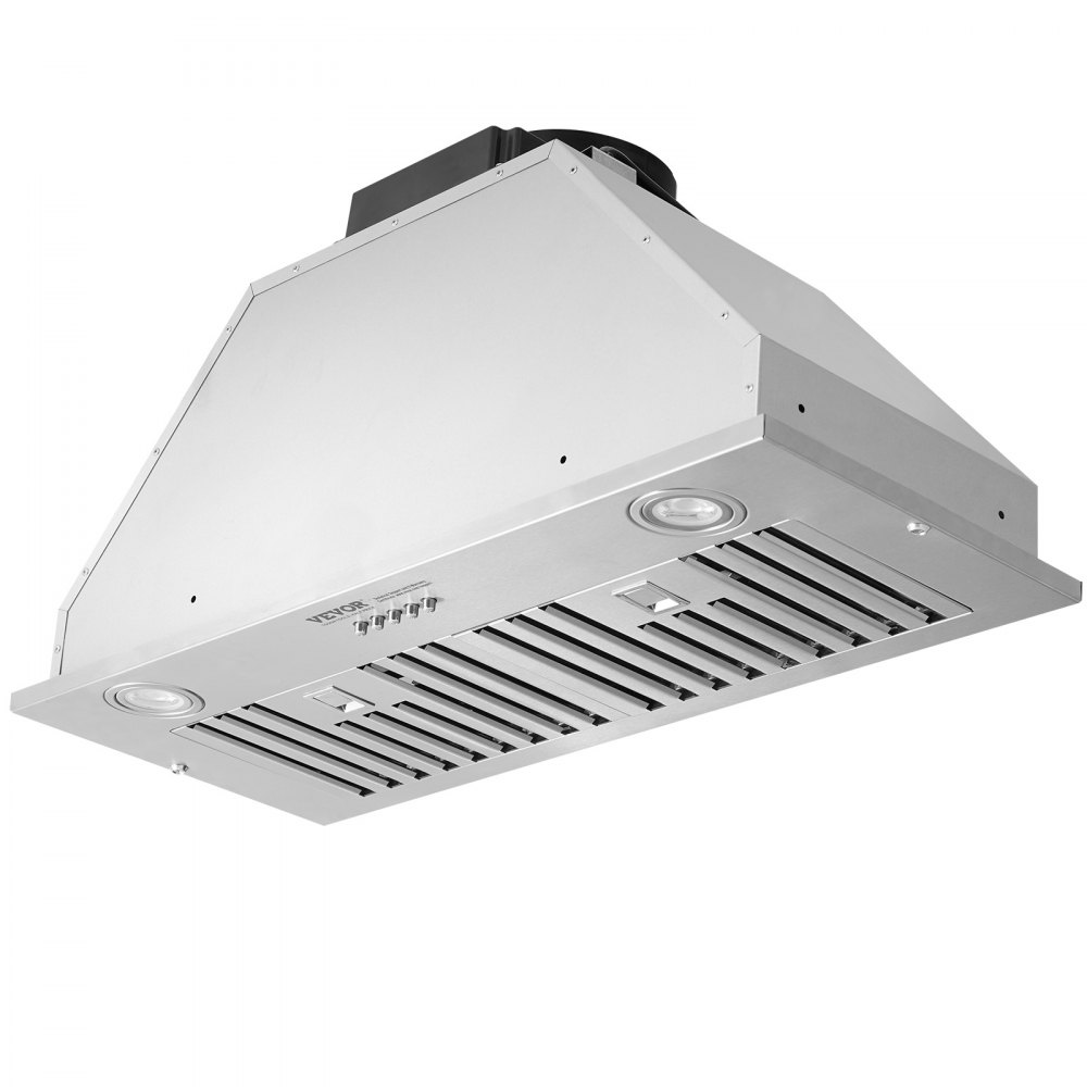 Campana extractora empotrable VEVOR, 800 CFM, 3 velocidades, 30 pulgadas, acero inoxidable, con control por botón, luces LED, filtros deflectores, convertible con o sin conducto, certificación ETL.