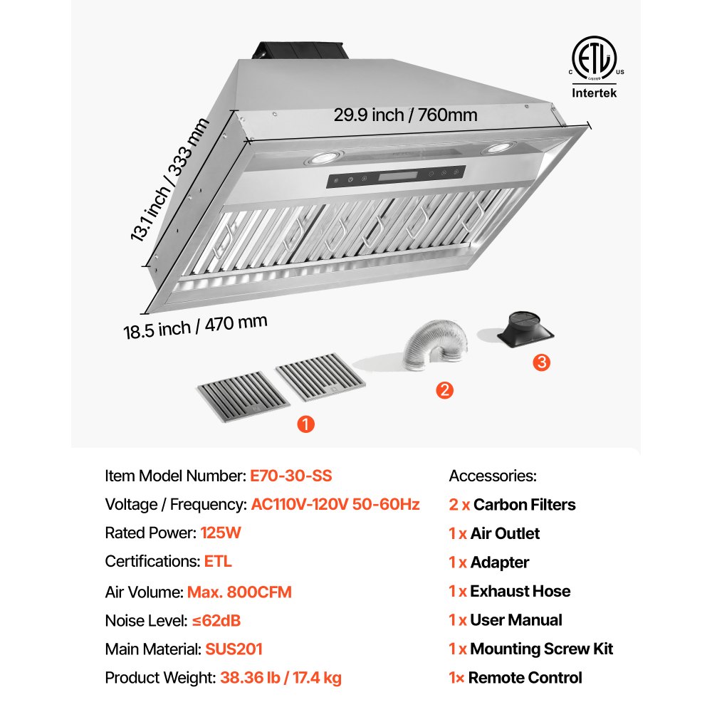 VEVOR Insert Range Hood, 900CFM 4-Speed, 30 Inch Stainless Steel Built-in Kitchen Vent with Touch & Remote Control LED Lights Baffle Filters, Ducted/Ductless Convertible, ETL Listed