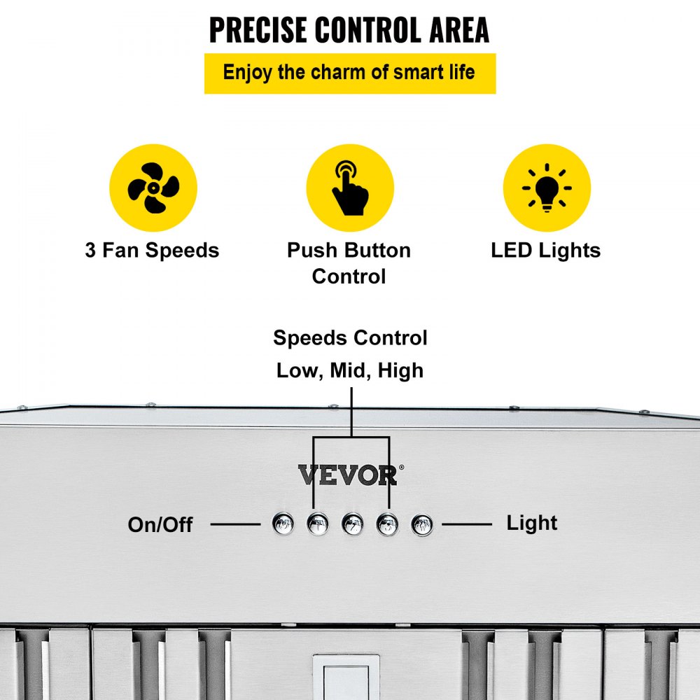 VEVOR Insert Range Hood, 800CFM 3-Speed, 36 Inch Stainless Steel Built-in Kitchen Vent with Push Button Control LED Lights Baffle Filters, Ducted/Ductless Convertible, ETL Listed