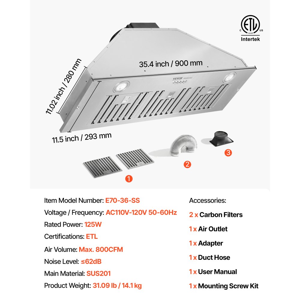 Campana extractora empotrable VEVOR, 800 CFM, 3 velocidades, 91 cm (36 pulgadas), acero inoxidable, con control por botón, luces LED, filtros deflectores, convertible para instalación con o sin conducto, certificación ETL.